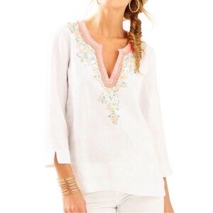 Lilly Pulitzer Amelia Embroidered Foiled Beaded Linen Island Tunic White small